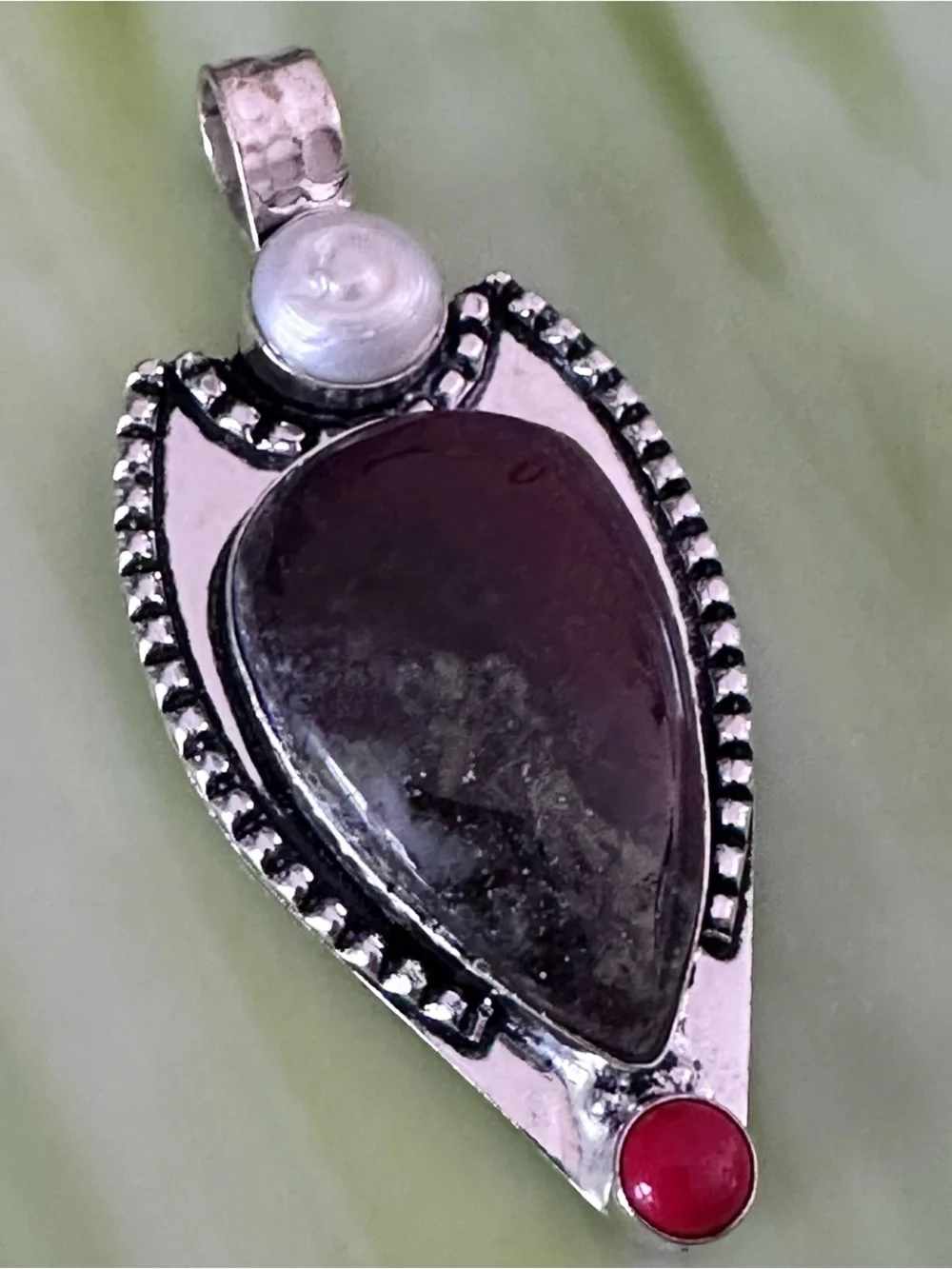 Artisan Silver Dragon Blood Stone  Pendant with Pearl and Coral Accent